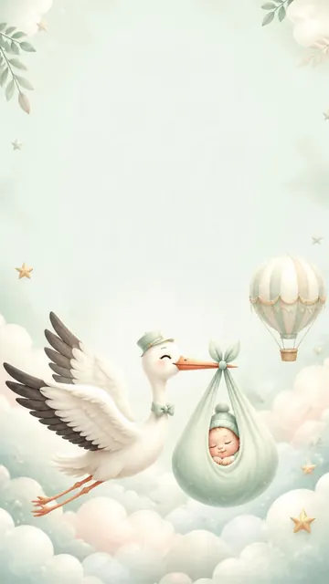 Hello Baby invitation design: Stork, bundle & soft clouds