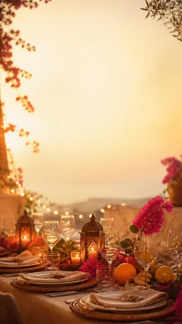 Welcome Dinner invitation design: Lanterns, citrus & long table
